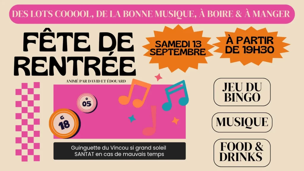 Fête de la rentrée, le Samedi 13 septembre à partir de 19h30